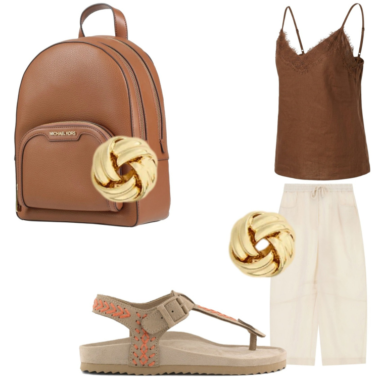 Outfit donna - Aperitivo al tramonto. Stile Trendy per Serata fuori. Abbinamento con zaini, pantaloni, top, orecchini, infradito.