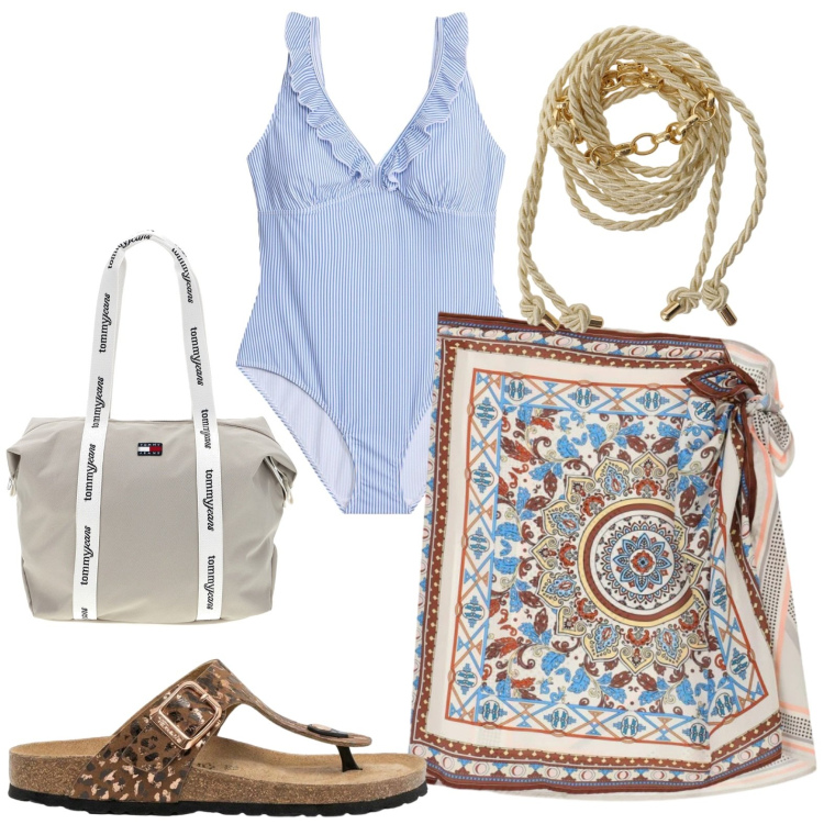 Outfit donna - Spiaggia. Stile Casual per Mare. Abbinamento con infradito, costumi interi, cinture, minigonne, shopping bag.