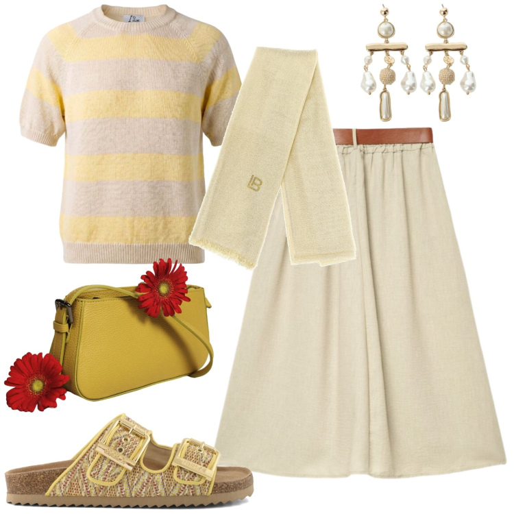 Outfit donna - Casual. Stile Casual per Tutti i giorni. Abbinamento con gonne lunghe, maglieria, borse a spalla, orecchini, sandali, sciarpe.