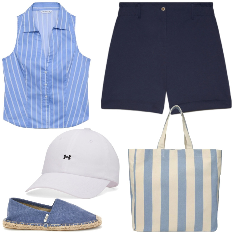Outfit donna - Ferragosto in barca a vela. Stile Casual chic per Mare. Abbinamento con shopping bag, camicie a manica corta, pantaloni corti, espadrillas, cappelli con visiera.