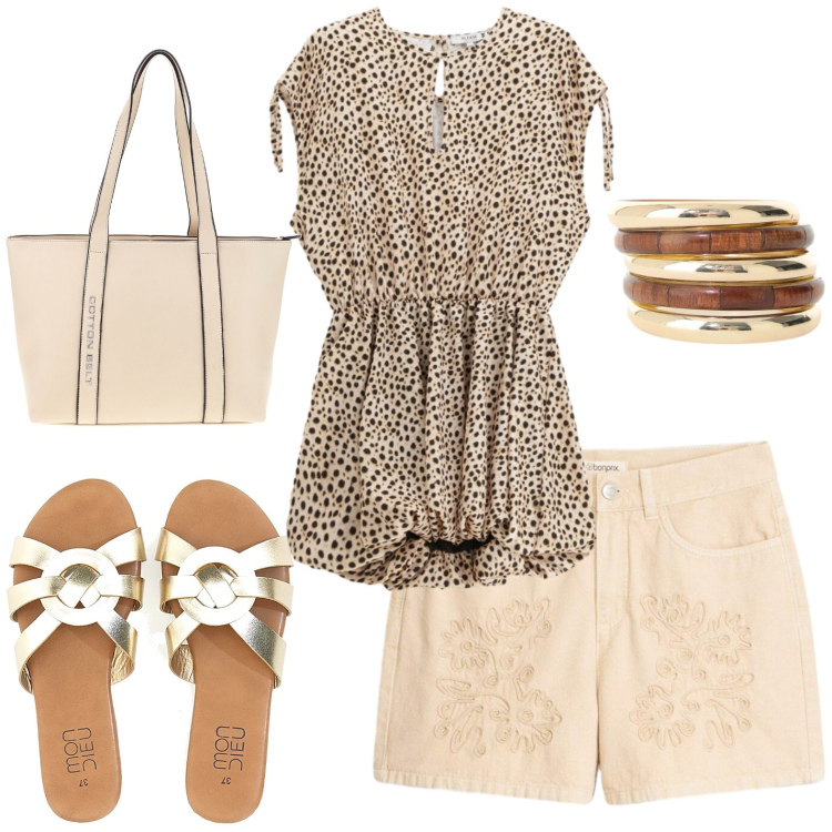 Outfit donna - Vacanza. Stile Casual per Mare. Abbinamento con bermuda, vestiti corti, braccialetti, ciabatte, shopping bag.