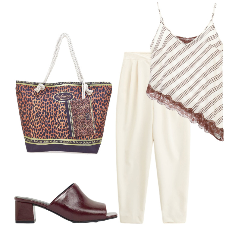 Outfit donna - Easy chic. Stile Casual chic per Tutti i giorni. Abbinamento con ciabatte, top, pantaloni, shopping bag.