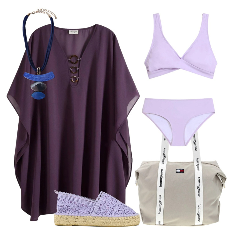 Outfit donna - Sole giallo collana blu. Stile Boho per Mare. Abbinamento con vestiti da spiaggia, bikini, ciondoli, espadrillas, shopping bag.