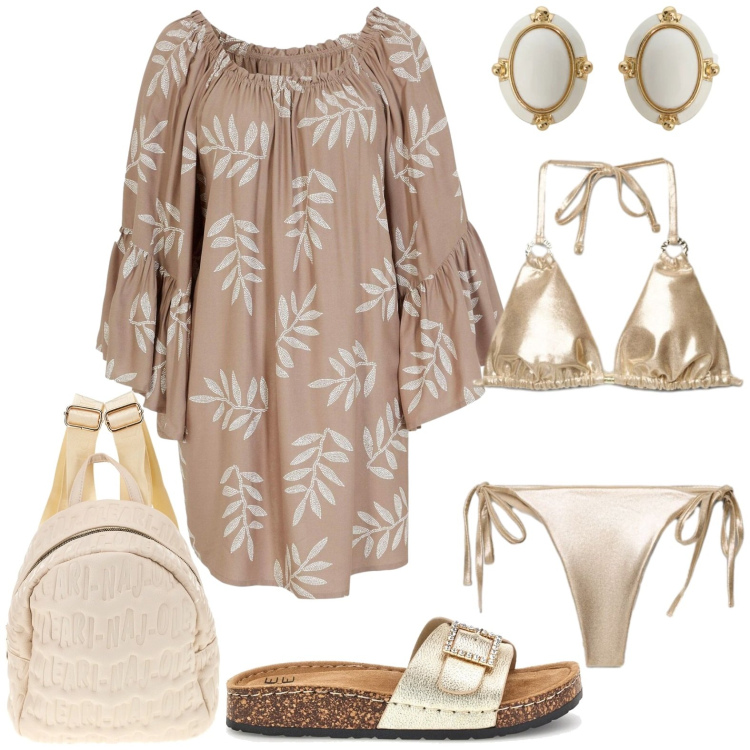 Outfit donna - Ferragosto. Stile Casual per Mare. Abbinamento con vestiti da spiaggia, bikini, bikini, orecchini, zaini, ciabatte.