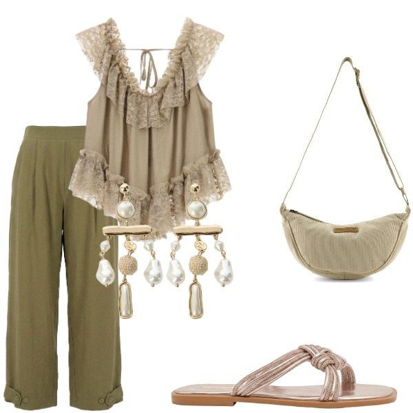 Outfit donna - Estate. Stile Casual per Tutti i giorni. Abbinamento con top, orecchini, sandali, pantaloni, borse a tracolla.
