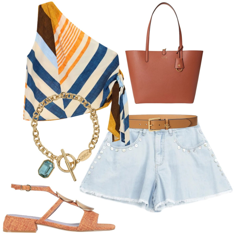 Outfit donna - Vacanza. Stile Casual per Mare. Abbinamento con sandali in pelle, shorts, top, cinture, braccialetti, borse tote.