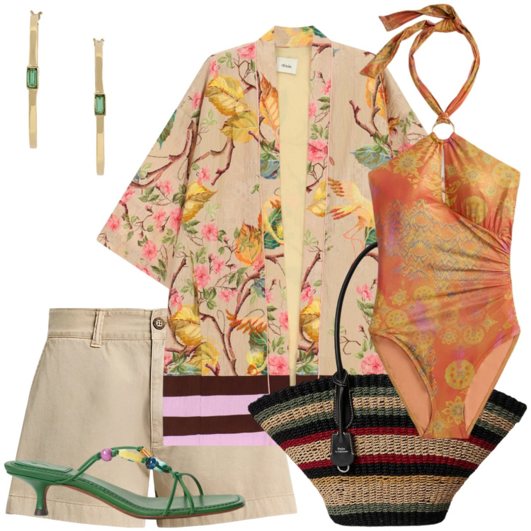 Outfit donna - Spiagge esotiche. Stile Etnico per Mare. Abbinamento con kimono, shorts, borse tote, sandali gioiello, orecchini, costumi interi.