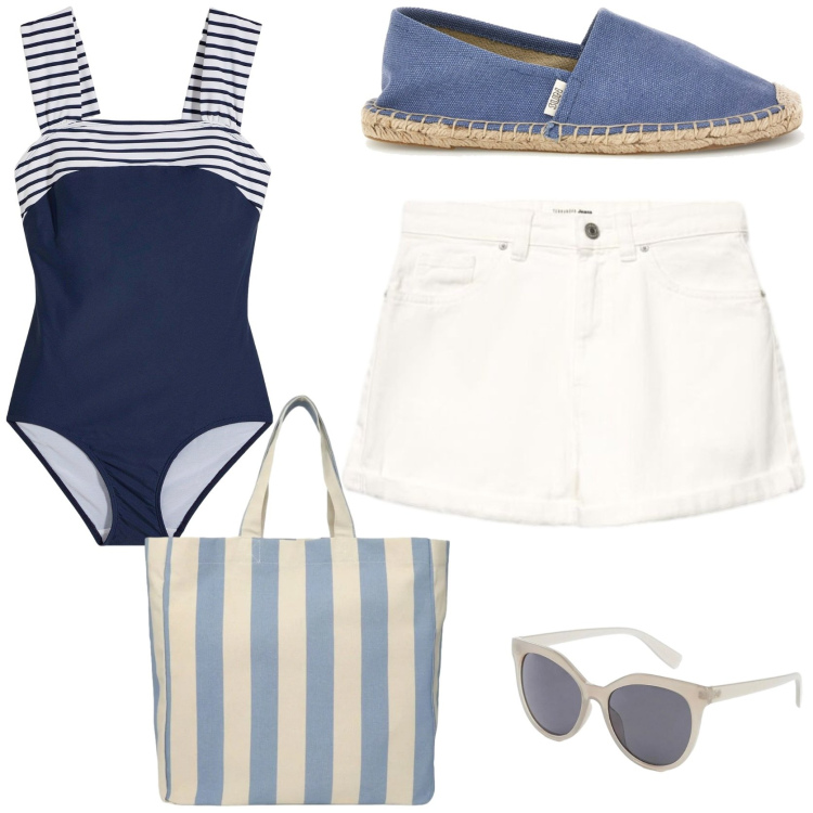 Outfit donna - Boat outfit. Stile Chic per Mare. Abbinamento con costumi interi, occhiali da sole, shopping bag, shorts, espadrillas.