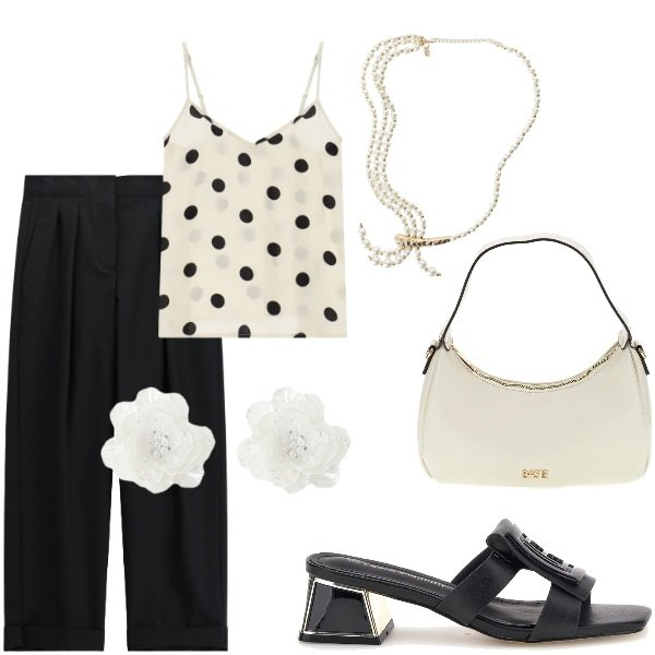 Outfit donna - In bianco e nero. Stile Casual chic per Serata fuori. Abbinamento con pantaloni, top, collane, orecchini, scarpe col tacco, borse a tracolla.