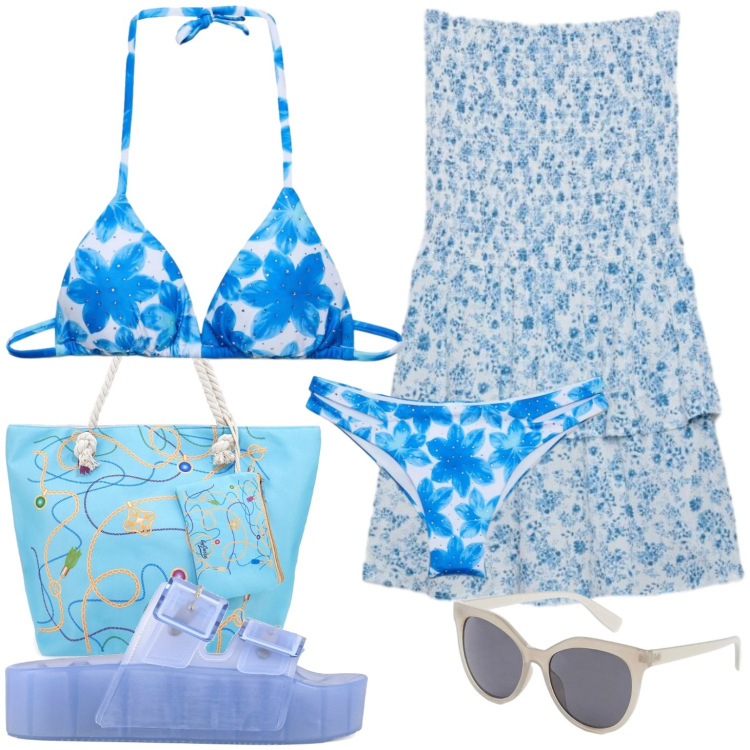 Outfit donna - Cielo e mare. Stile Romantica per Mare. Abbinamento con occhiali da sole, bikini, bikini, vestiti corti, sandali, shopping bag.
