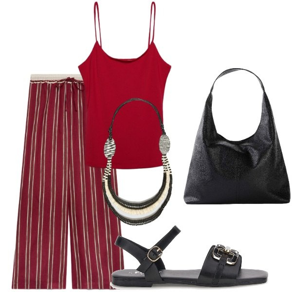 Outfit donna - Serata tra amici. Stile Casual per Tutti i giorni. Abbinamento con shopping bag, canottiere, pantaloni, collane, sandali.