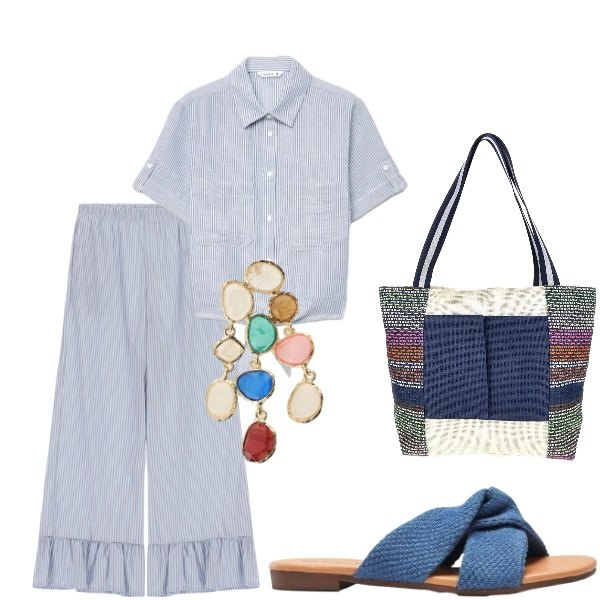 Outfit donna - E siamo in Agosto....... Stile Casual chic per Tutti i giorni. Abbinamento con ciabatte, camicie a manica corta, pantaloni a palazzo, orecchini, shopping bag.