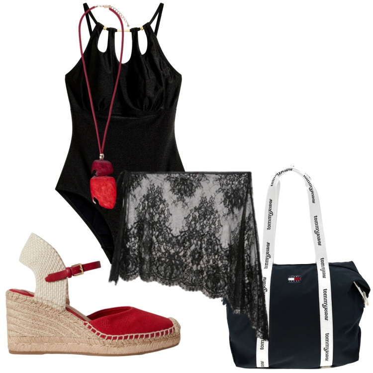 Outfit donna - Ibiza. Stile Boho per Mare. Abbinamento con costumi interi, vestiti da spiaggia, ciondoli, zeppe, shopping bag.