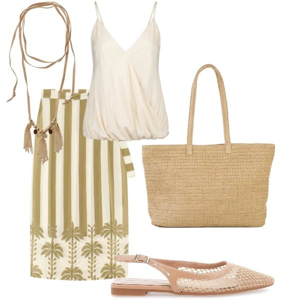 Outfit donna - E siamo in Agosto....... Stile Casual chic per Tutti i giorni. Abbinamento con shopping bag, gonne lunghe, collane, top, ballerine.
