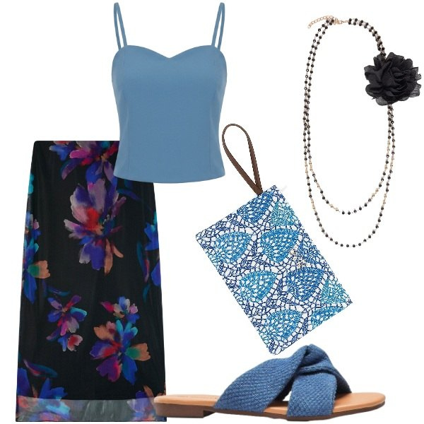 Outfit donna - Serata tra amici. Stile Casual chic per Serata fuori. Abbinamento con ciabatte, gonne lunghe, canottiere, collane, pochette.