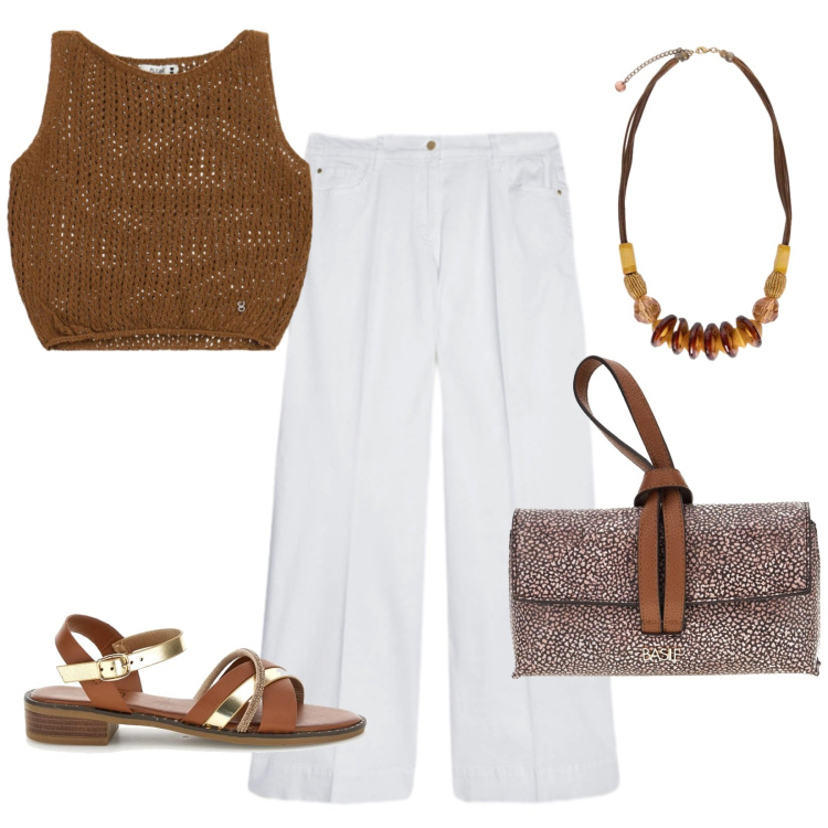 Outfit donna - Grigliata di ferragosto. Stile Casual per Serata fuori. Abbinamento con top, pantaloni, collane, borse a tracolla, sandali.