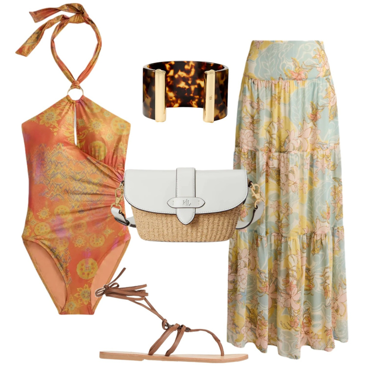 Outfit donna - Bagno a mezzanotte. Stile Chic per Mare. Abbinamento con ciabatte, gonne lunghe, borse a spalla, costumi interi, braccialetti.