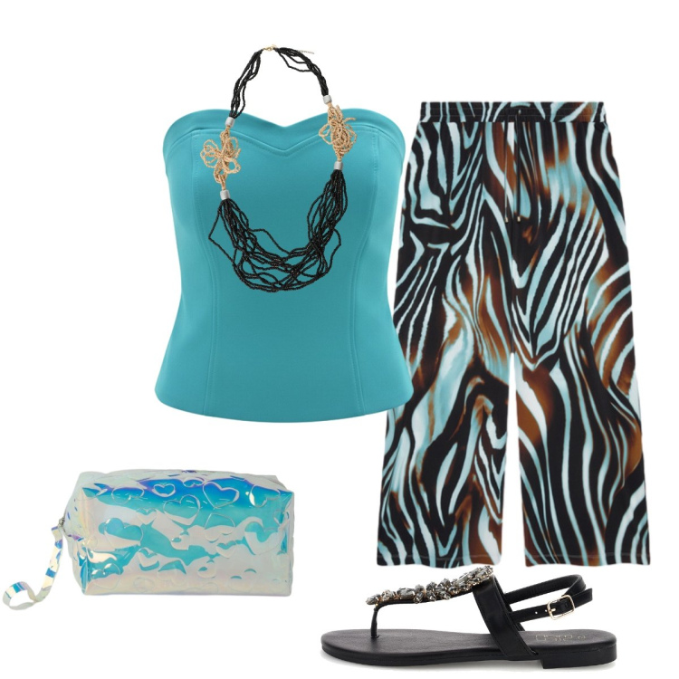 Outfit donna - Mix fresco e giovanile per l’aperitivo. Stile Glamour per Serata fuori. Abbinamento con pochette, collane, top, pantaloni a palazzo, sandali gioiello.
