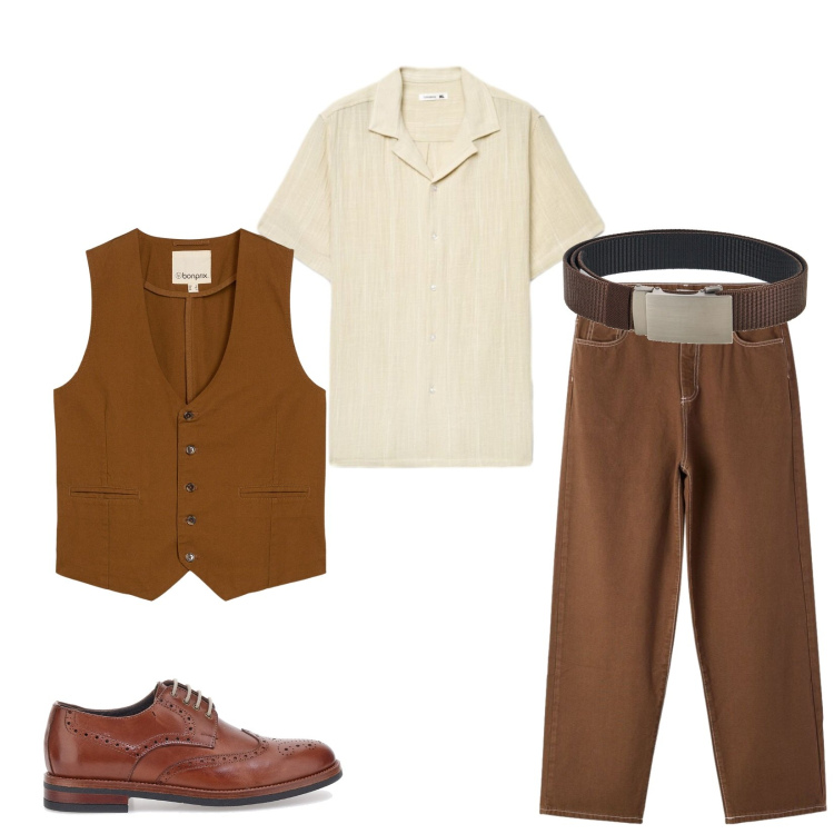 Outfit uomo - Total look #2449650. Stile Trendy per Serata speciale. Abbinamento con gilet, camicie a manica corta, pantaloni, scarpe stringate, cinture.