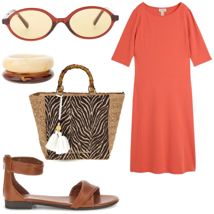 Outfit donna - Total look estivo. Stile Casual chic per Mare. Abbinamento con vestiti, occhiali da sole, braccialetti, borse a mano, sandali.