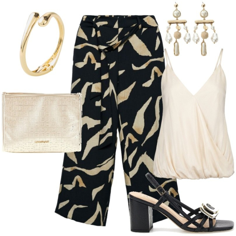 Outfit donna - Top in raso con scollo a V incrociato. Stile Casual per Tutti i giorni. Abbinamento con braccialetti, pantaloni, orecchini, top, pochette, sandali in pelle.