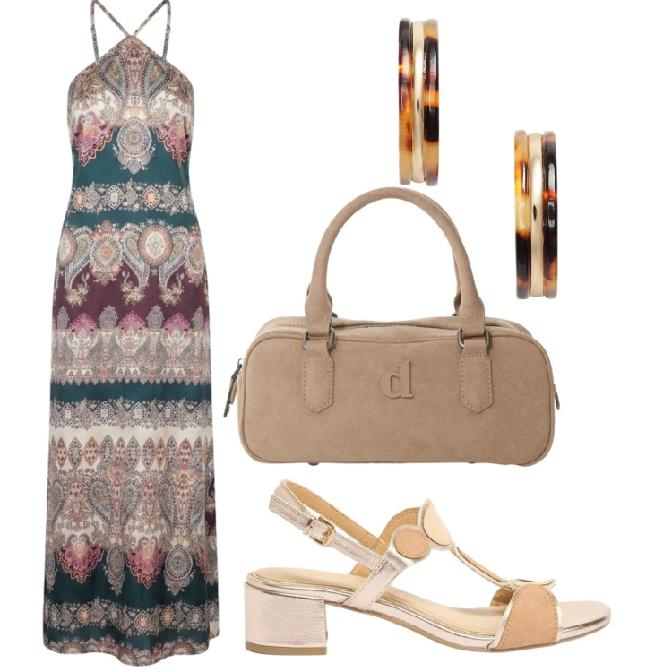 Outfit donna - Vestito fantasy. Stile Boho per Tutti i giorni. Abbinamento con sandali col tacco, borse a mano, vestiti lunghi, orecchini.