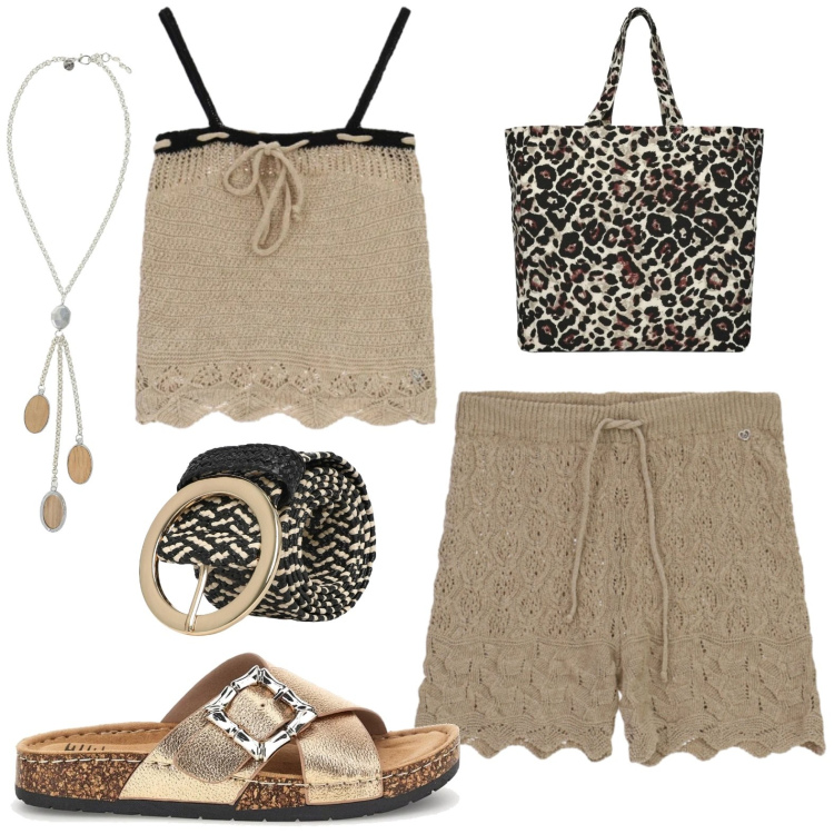 Outfit donna - Spiaggia. Stile Casual per Mare. Abbinamento con cinture, shopping bag, shorts, maglieria, collane, ciabatte.