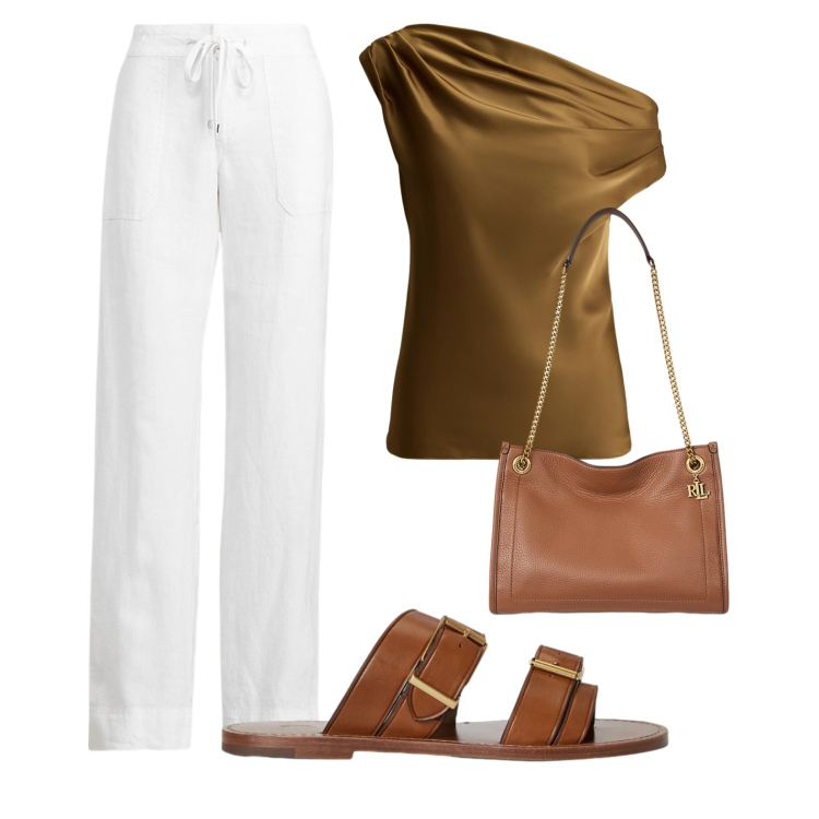Outfit donna - Total look #2449665. Stile Casual chic per Serata fuori. Abbinamento con pantaloni, borse tote, sandali in pelle, top.