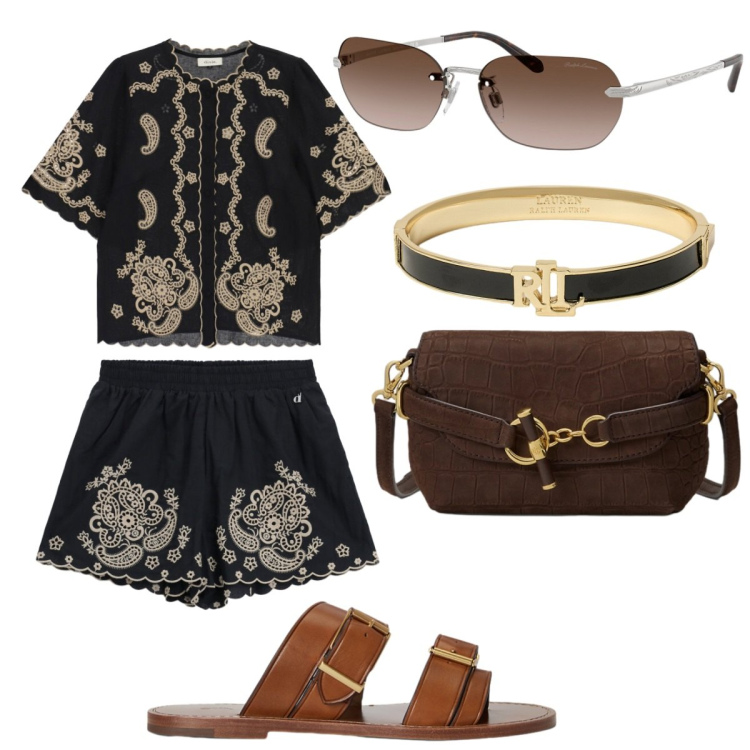 Outfit donna - Total look estivo raffinato. Stile Preppy per Mare. Abbinamento con shorts, camicie, braccialetti, sandali in pelle, occhiali da sole, borse a spalla.