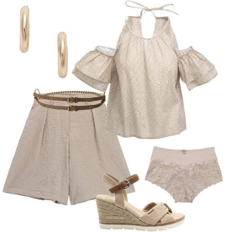 Outfit donna - Tonalità deserto. Stile Casual chic per Tutti i giorni. Abbinamento con culotte, sandali col tacco, top, bermuda, cinture, orecchini.