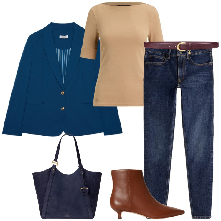 Outfit donna - Total look #2449669. Stile Casual chic per Ufficio. Abbinamento con blazer, cinture, jeans slim fit, stivaletti, borse tote, t-shirt.
