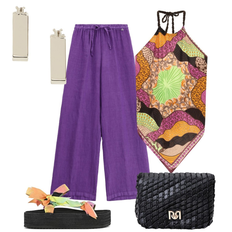 Outfit donna - Sfumature viola. Stile Glamour per Serata fuori. Abbinamento con top, pantaloni, borse a tracolla, orecchini, sandali.
