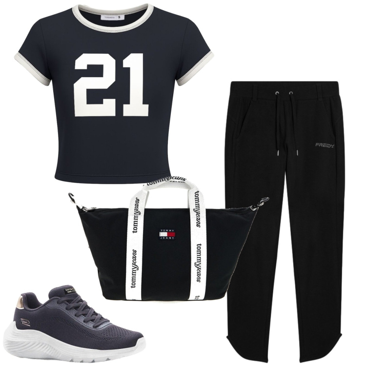 Outfit donna - Total look #2449671. Stile Sporty chic per Tutti i giorni. Abbinamento con sneakers, t-shirt, pantaloni, shopping bag.