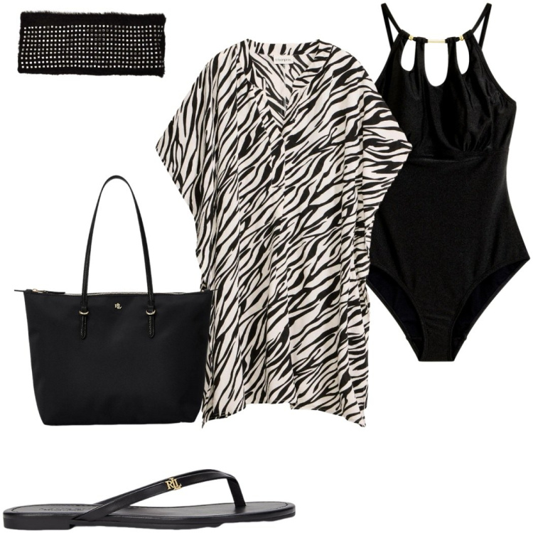 Outfit donna - Caftani e kimono. Stile Casual chic per Mare. Abbinamento con vestiti da spiaggia, costumi interi, accessori per capelli, borse tote, ciabatte.
