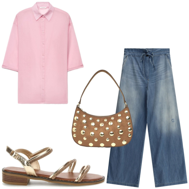 Outfit donna - Total look #2449674. Stile Casual per Tutti i giorni. Abbinamento con borse a tracolla, camicie a manica corta, jeans, sandali col tacco.