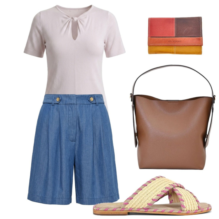 Outfit donna - Total look #2449675. Stile Casual chic per Mare. Abbinamento con t-shirt, borse a mano, bermuda, portafogli, ciabatte.