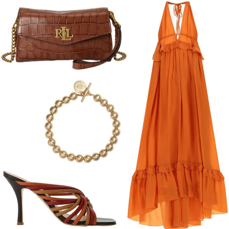 Outfit donna - Aperitivo vista mare. Stile Casual chic per Serata fuori. Abbinamento con sandali col tacco, vestiti lunghi, braccialetti, portafogli.