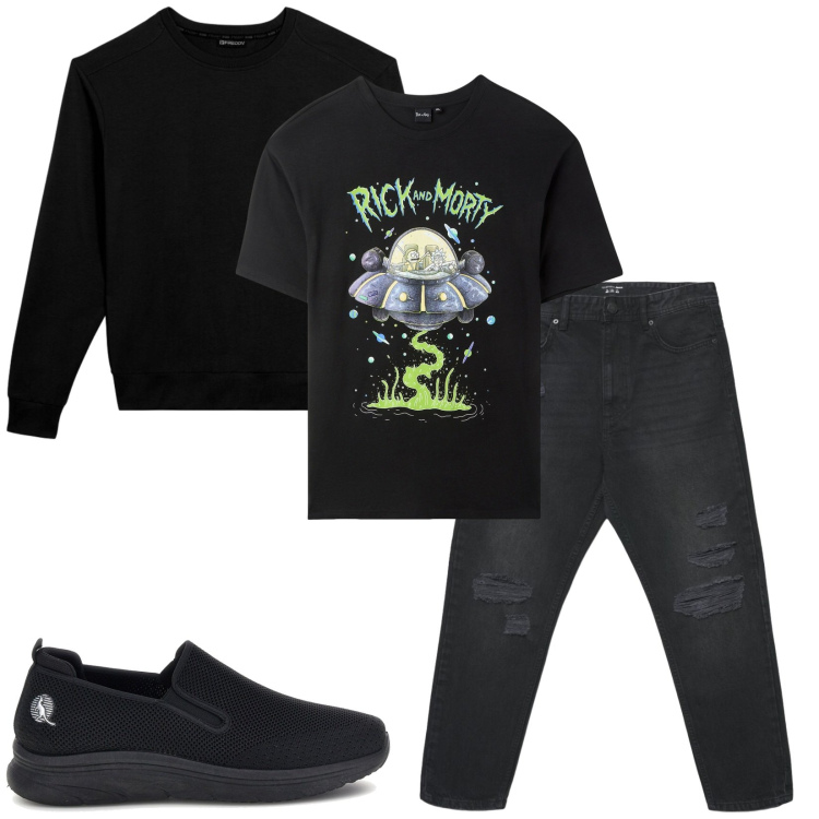 Outfit uomo - Total look #2449677. Stile Urban per Tutti i giorni. Abbinamento con t-shirt, jeans strappati, felpe, scarpe stringate.