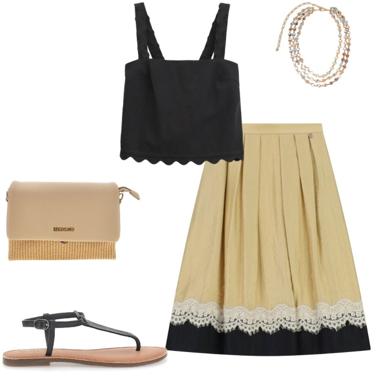 Outfit donna - Aperitivo vista mare. Stile Casual chic per Serata fuori. Abbinamento con top, gonne longuette, collane, sandali, borse a spalla.