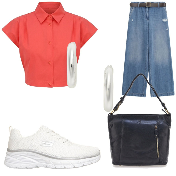 Outfit donna - Estate a colori pieni. Stile Casual per Tutti i giorni. Abbinamento con jeans dritti, camicie a manica corta, orecchini, sneakers, borse a spalla.