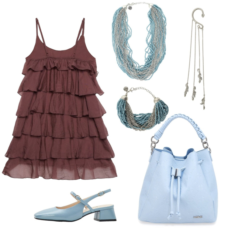 Outfit donna - Leggeri volants per il miniabito. Stile Chic per Serata fuori. Abbinamento con décolleté, vestiti corti, orecchini, collane, braccialetti, borse a secchiello.