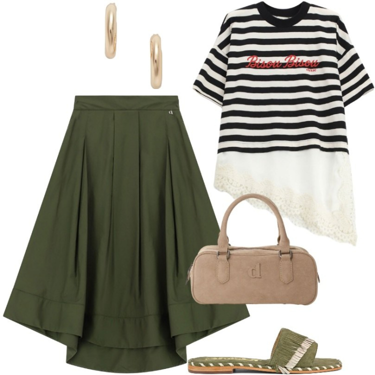 Outfit donna - Uno stile femminile e personale. Stile 70s per Tutti i giorni. Abbinamento con t-shirt, borse a mano, gonne lunghe, orecchini, ciabatte.