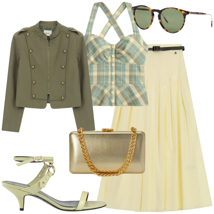 Outfit donna - Con le amiche. Stile Casual per Tutti i giorni. Abbinamento con sandali in pelle, blazer, gonne lunghe, occhiali da sole, clutch, top.