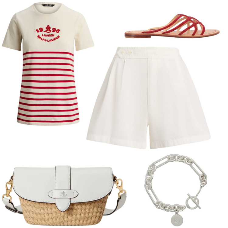 Outfit donna - Come vestire chic in vacanza. Stile Chic per Mare. Abbinamento con ciabatte, braccialetti, borse a spalla, t-shirt, shorts.
