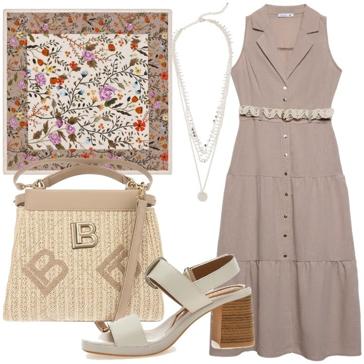 Outfit donna - Chemisier in ufficio. Stile Basic per Ufficio. Abbinamento con collane, vestiti chemisier, foulard, sandali col tacco, borse a tracolla.