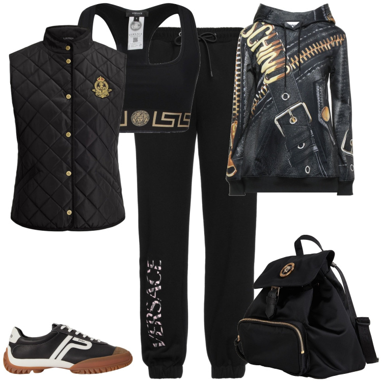 Outfit donna - Sporty chic in montagna. Stile Sporty chic per Sport. Abbinamento con zaini, felpe con cappuccio, pantaloni sportivi, top sportivi, sneakers, piumini.