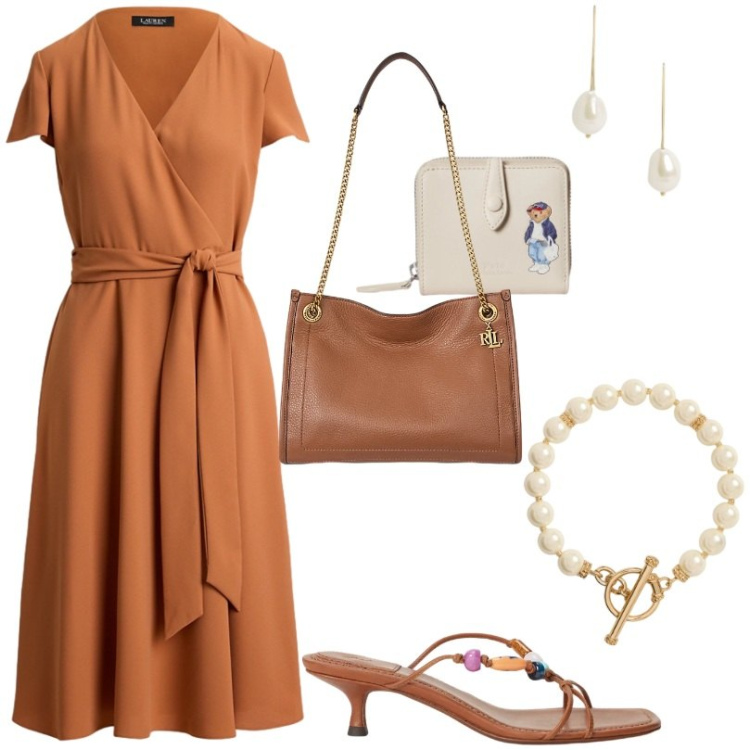 Outfit donna - Tonalità Terracotta. Stile Chic per Tutti i giorni. Abbinamento con borse tote, orecchini, vestiti, portafogli, collane, sandali gioiello.