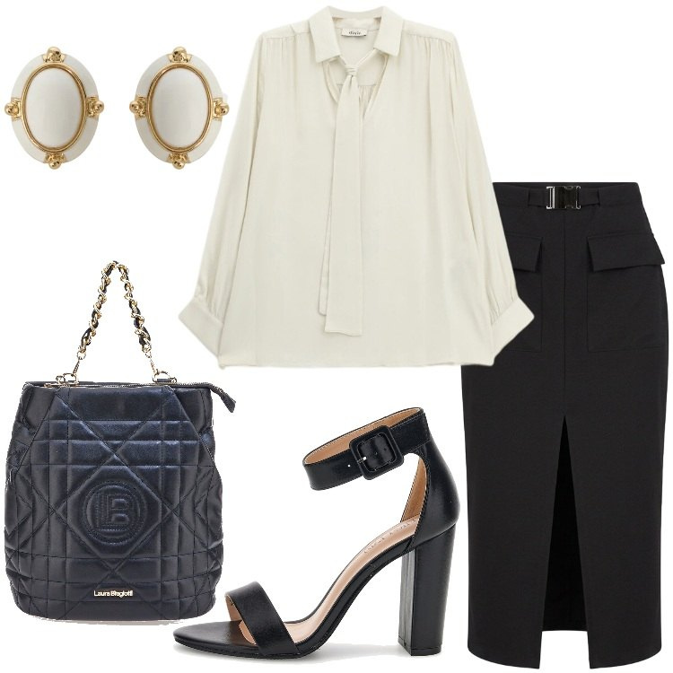 Outfit donna - Riunione in ufficio. Stile Chic per Ufficio. Abbinamento con gonne longuette, orecchini, camicie, zaini, sandali col tacco.