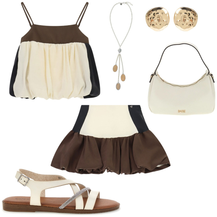 Outfit donna - Casual chic al mare. Stile Casual chic per Serata fuori. Abbinamento con collane, orecchini, top, minigonne, borse a tracolla, sandali.