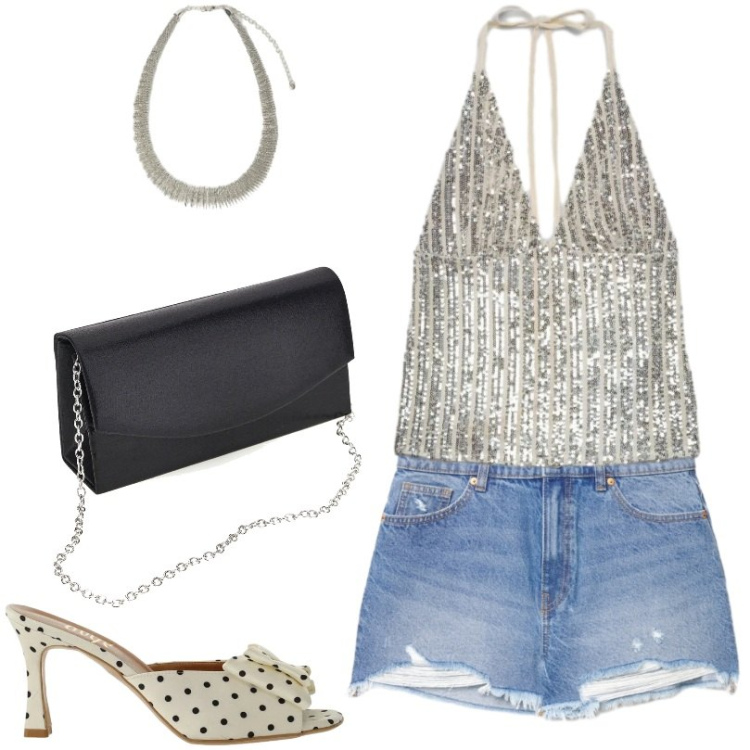 Outfit donna - Agosto serate/party. Stile Sexy per Serata fuori. Abbinamento con shorts, top, sandali col tacco, collane, borse a tracolla.